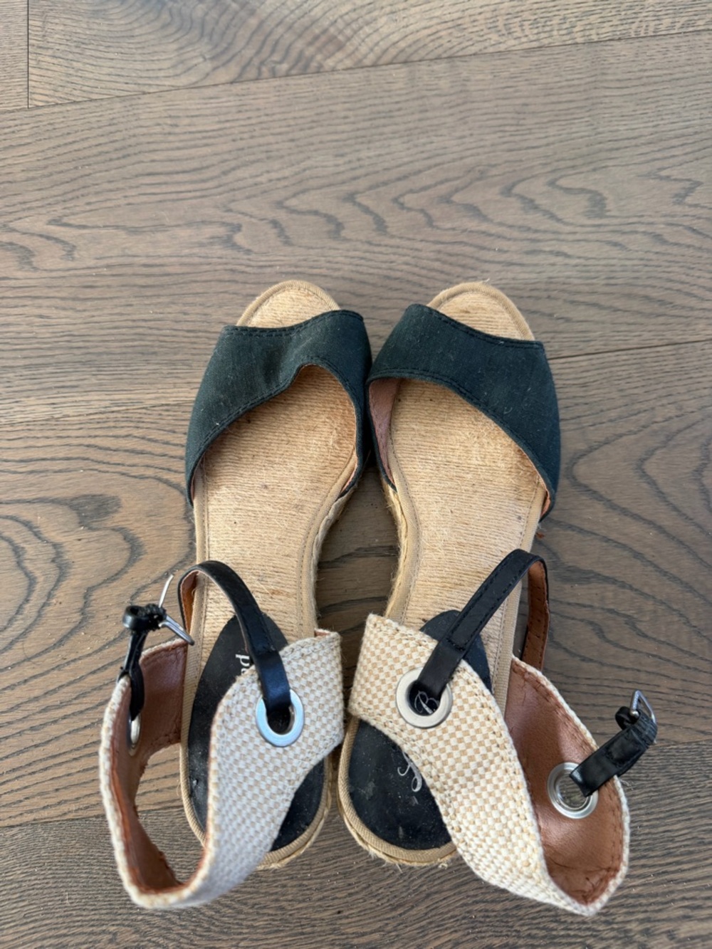 Lucky Brand Black and Natural Espadrille Wedge Sandals